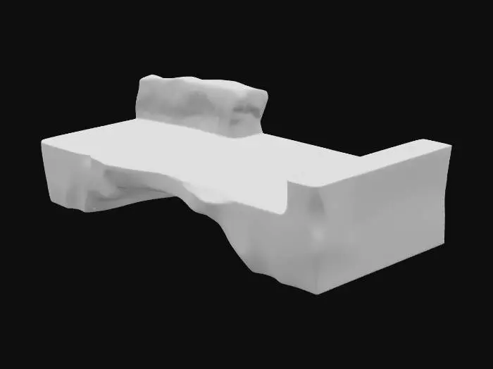 3D model for A substantial sandstone shelf module, featuring a wide, expansive deck suitable for a broad surface. One corner is distinctly broken, revealing fresh rock and adding an element of natural erosion and ruggedness. Its surface is subtly adorned with delicate ripples, hinting at sedimentary flow or wind erosion patterns. The coarse-grained sandstone exhibits warm ochre and sandy brown tones, with a rough, granular texture across its robust form, providing an authentic, weathered appearance.