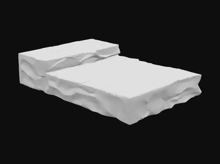 3D model for A substantial sandstone shelf module, featuring a wide, expansive deck suitable for a broad surface. One corner is distinctly broken, revealing fresh rock and adding an element of natural erosion and ruggedness. Its surface is subtly adorned with delicate ripples, hinting at sedimentary flow or wind erosion patterns. The coarse-grained sandstone exhibits warm ochre and sandy brown tones, with a rough, granular texture across its robust form, providing an authentic, weathered appearance.
