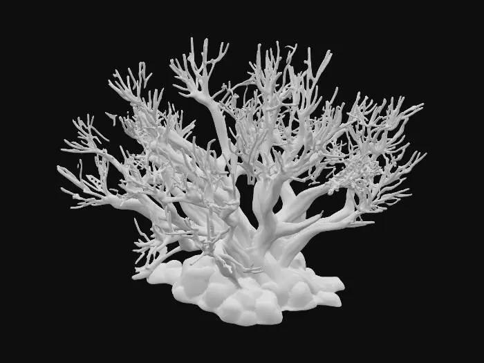 3D model for A 1.0 meter tall arid shrub clump forms a slightly asymmetrical, rounded mass, characteristic of resilient desert flora. Its woody stems are gnarled and partially exposed through the sparse, dry foliage. The small leaves, ranging from muted olive greens to parched yellows and light browns, have a brittle, papery texture and feel dry to the touch. The rough bark of the branches adds a coarse tactile quality, contributing to its overall rugged and untamed appearance.