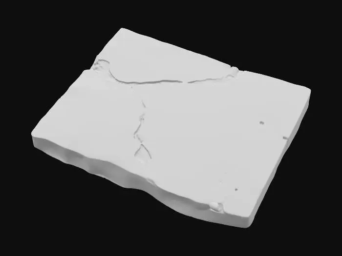 3D model for A sturdy, flat sandstone caprock slab, measuring 3x5x0.6 meters, designed as a natural tabletop or elevated surface. Its broad, up-facing deck is subtly covered with a fine layer of dust, suggesting exposure to arid elements. The underside is distinctly rough and irregular, contrasting with the relatively smooth, though textured, top. Composed of robust sandstone, it displays a warm, earthy palette of light ochre and sandy browns, with a granular and weathered overall texture.