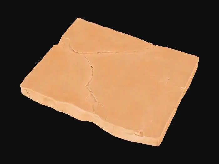 3D model for A sturdy, flat sandstone caprock slab, measuring 3x5x0.6 meters, designed as a natural tabletop or elevated surface. Its broad, up-facing deck is subtly covered with a fine layer of dust, suggesting exposure to arid elements. The underside is distinctly rough and irregular, contrasting with the relatively smooth, though textured, top. Composed of robust sandstone, it displays a warm, earthy palette of light ochre and sandy browns, with a granular and weathered overall texture.