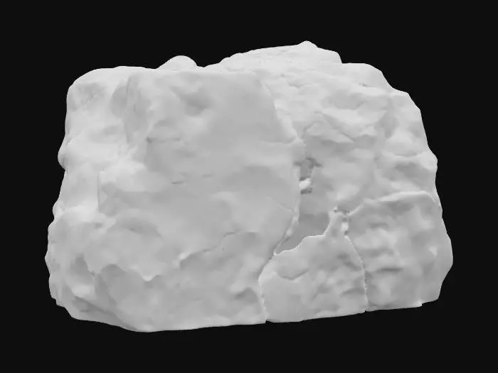 3D model for A massive sandstone caprock slab, measuring 5x8x1 meters, conveying immense age and natural wear. Its broad, flat surface is prominently marked by long, linear cracks that traverse its expanse, adding significant character. The entire perimeter is extensively chipped, suggesting centuries of erosion and exposure to harsh elements. Composed of durable sandstone, it exhibits a rugged, granular texture and a palette of weathered ochre and earthy brown tones, presenting a powerful, ancient geological presence.