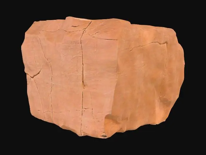 3D model for A massive sandstone caprock slab, measuring 5x8x1 meters, conveying immense age and natural wear. Its broad, flat surface is prominently marked by long, linear cracks that traverse its expanse, adding significant character. The entire perimeter is extensively chipped, suggesting centuries of erosion and exposure to harsh elements. Composed of durable sandstone, it exhibits a rugged, granular texture and a palette of weathered ochre and earthy brown tones, presenting a powerful, ancient geological presence.