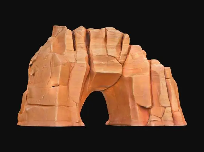 3D model for A substantial sandstone buttress, measuring 8x6x6 meters, designed to serve as a robust bridge anchor. It features prominent sloped shoulders that provide structural stability and a natural, eroded appearance. The surface is crisscrossed with distinct fracture planes, indicating immense geological pressure and adding rugged detail. Composed of durable, coarse-grained sandstone, it exhibits warm ochre and reddish-brown hues, with a rough, granular texture across its weathered and solid form.