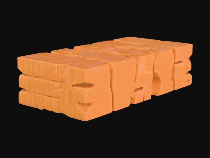 3D model for A modular sandstone rib segment, measuring 4x4x4 meters, featuring flat end caps designed for seamless tiling and structural continuity. It possesses a subtle taper along its length, giving it a natural, organic flow. The underside is distinctly scalloped, adding an eroded texture and visual interest. Composed of coarse-grained sandstone, it displays warm ochre and reddish-brown hues, with a rough, granular surface that mimics naturally weathered rock formations.