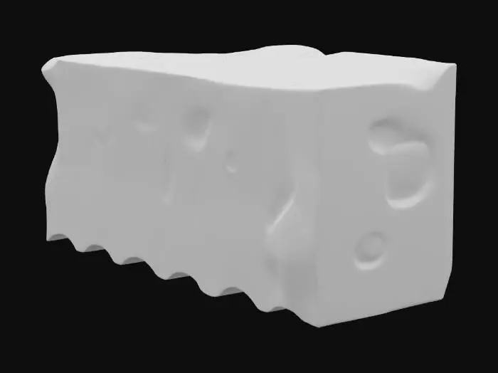3D model for A modular sandstone rib segment, measuring 4x4x4 meters, featuring flat end caps designed for seamless tiling and structural continuity. It possesses a subtle taper along its length, giving it a natural, organic flow. The underside is distinctly scalloped, adding an eroded texture and visual interest. Composed of coarse-grained sandstone, it displays warm ochre and reddish-brown hues, with a rough, granular surface that mimics naturally weathered rock formations.