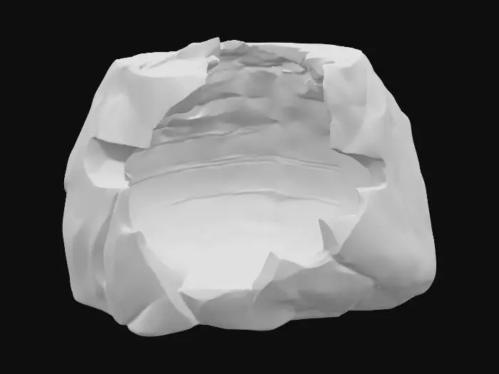 3D model for A broken sandstone rib segment, presenting a distinct missing chunk on one end, revealing the raw, fractured interior of the rock. The remaining edge around this void features a jagged, fractured lip, indicating natural breakage and erosion. Despite the damage, its layered sedimentary strata maintain a consistent direction, suggesting its origin from a larger, continuous formation. Composed of granular sandstone, it exhibits warm ochre and reddish-brown tones, with a rough, weathered texture across its fragmented form.
