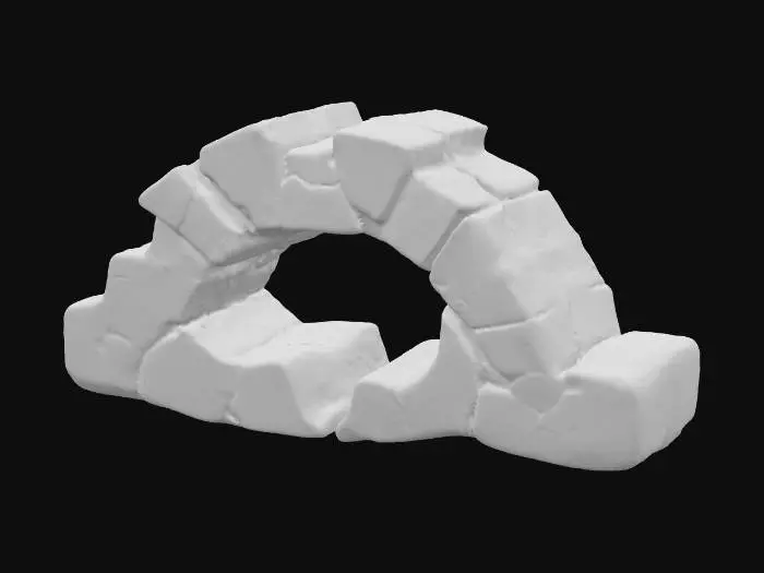 3D model for A second broken sandstone rib segment, this one featuring a prominent midspan hole that pierces through its robust form, creating a weathered aperture. The inner edges of this hole are jagged and irregular, suggesting natural erosion or forceful impact. Despite the central void, it retains its flat end caps, making it suitable for modular tiling. Composed of granular sandstone, it exhibits warm ochre and reddish-brown hues, with a rough, weathered texture across both its exterior and the exposed interior of the hole.