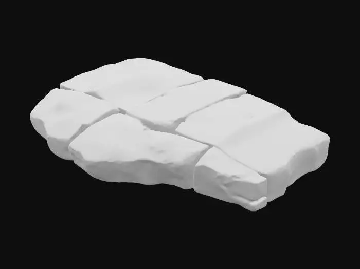 3D model for A second broken sandstone rib segment, this one featuring a prominent midspan hole that pierces through its robust form, creating a weathered aperture. The inner edges of this hole are jagged and irregular, suggesting natural erosion or forceful impact. Despite the central void, it retains its flat end caps, making it suitable for modular tiling. Composed of granular sandstone, it exhibits warm ochre and reddish-brown hues, with a rough, weathered texture across both its exterior and the exposed interior of the hole.