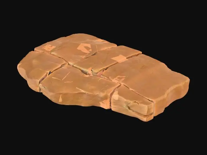 3D model for A second broken sandstone rib segment, this one featuring a prominent midspan hole that pierces through its robust form, creating a weathered aperture. The inner edges of this hole are jagged and irregular, suggesting natural erosion or forceful impact. Despite the central void, it retains its flat end caps, making it suitable for modular tiling. Composed of granular sandstone, it exhibits warm ochre and reddish-brown hues, with a rough, weathered texture across both its exterior and the exposed interior of the hole.
