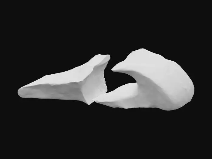 3D model for A second broken sandstone rib segment, this one featuring a prominent midspan hole that pierces through its robust form, creating a weathered aperture. The inner edges of this hole are jagged and irregular, suggesting natural erosion or forceful impact. Despite the central void, it retains its flat end caps, making it suitable for modular tiling. Composed of granular sandstone, it exhibits warm ochre and reddish-brown hues, with a rough, weathered texture across both its exterior and the exposed interior of the hole.