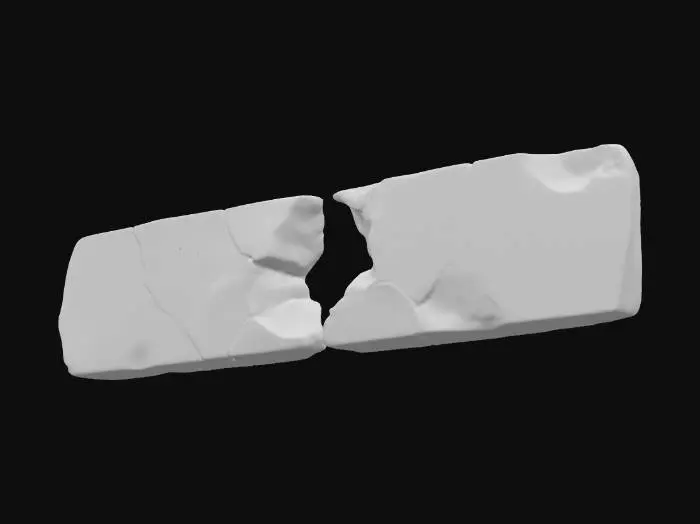 3D model for A second broken sandstone rib segment, this one featuring a prominent midspan hole that pierces through its robust form, creating a weathered aperture. The inner edges of this hole are jagged and irregular, suggesting natural erosion or forceful impact. Despite the central void, it retains its flat end caps, making it suitable for modular tiling. Composed of granular sandstone, it exhibits warm ochre and reddish-brown hues, with a rough, weathered texture across both its exterior and the exposed interior of the hole.