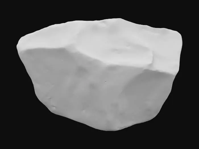 3D model for A small, angular talus rock, measuring approximately 0.3x0.2x0.2 meters. It features distinct sharp edges and faceted surfaces, suggesting a recent fracture or minimal erosion. Composed of dense, light-colored sandstone, its surface exhibits a rough, granular texture with high-frequency chip normals, indicating fine-scale irregularities and fresh breakages. The rock has a solid, dense feel, with colors ranging from pale ochre to a light grey-brown, reflecting its natural, unweathered state.