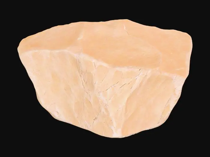 3D model for A small, angular talus rock, measuring approximately 0.3x0.2x0.2 meters. It features distinct sharp edges and faceted surfaces, suggesting a recent fracture or minimal erosion. Composed of dense, light-colored sandstone, its surface exhibits a rough, granular texture with high-frequency chip normals, indicating fine-scale irregularities and fresh breakages. The rock has a solid, dense feel, with colors ranging from pale ochre to a light grey-brown, reflecting its natural, unweathered state.