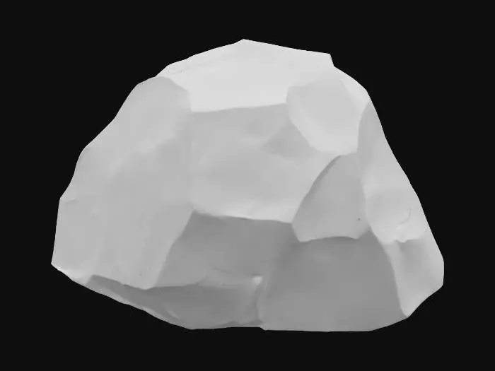 3D model for A small, angular talus rock, measuring approximately 0.3x0.2x0.2 meters. It features distinct sharp edges and faceted surfaces, suggesting a recent fracture or minimal erosion. Composed of dense, light-colored sandstone, its surface exhibits a rough, granular texture with high-frequency chip normals, indicating fine-scale irregularities and fresh breakages. The rock has a solid, dense feel, with colors ranging from pale ochre to a light grey-brown, reflecting its natural, unweathered state.