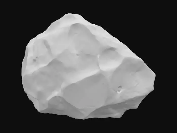 3D model for A small, angular talus rock, measuring approximately 0.3x0.2x0.2 meters. It features distinct sharp edges and faceted surfaces, suggesting a recent fracture or minimal erosion. Composed of dense, light-colored sandstone, its surface exhibits a rough, granular texture with high-frequency chip normals, indicating fine-scale irregularities and fresh breakages. The rock has a solid, dense feel, with colors ranging from pale ochre to a light grey-brown, reflecting its natural, unweathered state.