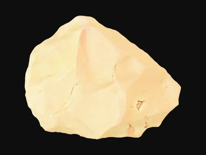 3D model for A small, angular talus rock, measuring approximately 0.3x0.2x0.2 meters. It features distinct sharp edges and faceted surfaces, suggesting a recent fracture or minimal erosion. Composed of dense, light-colored sandstone, its surface exhibits a rough, granular texture with high-frequency chip normals, indicating fine-scale irregularities and fresh breakages. The rock has a solid, dense feel, with colors ranging from pale ochre to a light grey-brown, reflecting its natural, unweathered state.