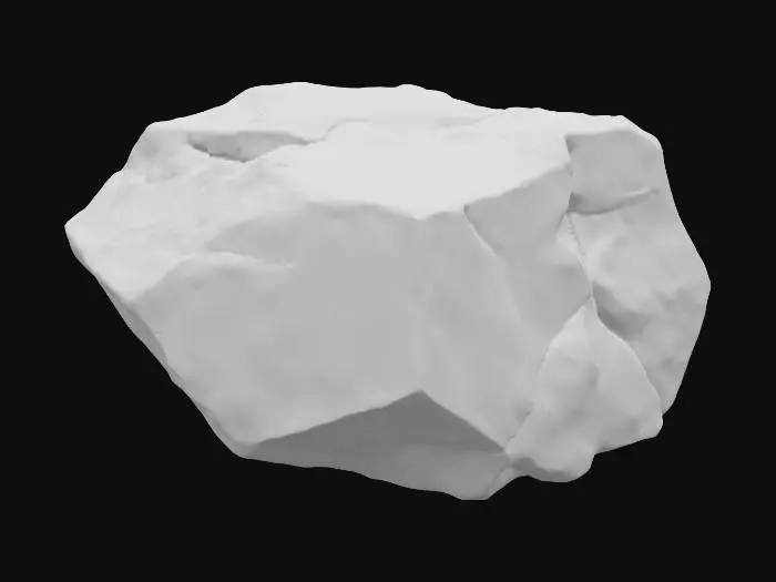 3D model for A small, angular talus rock, measuring approximately 0.3x0.2x0.2 meters. It features distinct sharp edges and faceted surfaces, suggesting a recent fracture or minimal erosion. Composed of dense, light-colored sandstone, its surface exhibits a rough, granular texture with high-frequency chip normals, indicating fine-scale irregularities and fresh breakages. The rock has a solid, dense feel, with colors ranging from pale ochre to a light grey-brown, reflecting its natural, unweathered state.