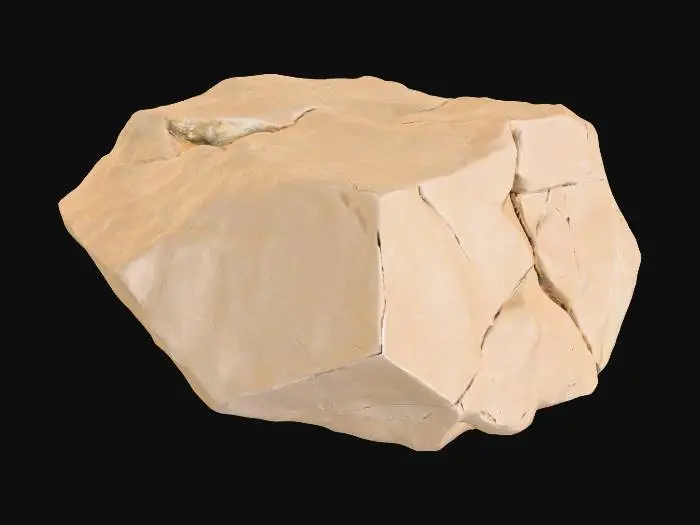 3D model for A small, angular talus rock, measuring approximately 0.3x0.2x0.2 meters. It features distinct sharp edges and faceted surfaces, suggesting a recent fracture or minimal erosion. Composed of dense, light-colored sandstone, its surface exhibits a rough, granular texture with high-frequency chip normals, indicating fine-scale irregularities and fresh breakages. The rock has a solid, dense feel, with colors ranging from pale ochre to a light grey-brown, reflecting its natural, unweathered state.