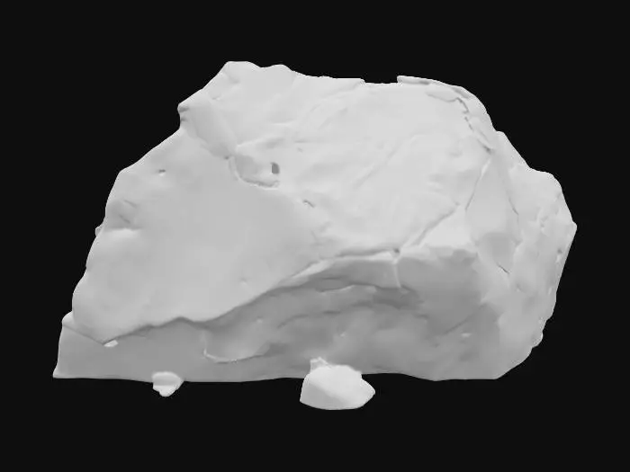3D model for A large, blocky talus rock, measuring 1.0x0.7x0.5 meters, characterized by its substantial, irregular form. Its surfaces are defined by prominent fracture planes that intersect, creating a rugged and angular appearance. The corners are distinctly weathered and rounded by erosion, softening their sharp edges. Composed of robust sandstone, it exhibits a granular, rough texture and a palette of warm, earthy ochre and reddish-brown tones, conveying a sense of age and natural geological formation.