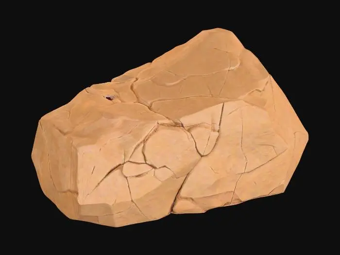 3D model for A large, blocky talus rock, measuring 1.0x0.7x0.5 meters, characterized by its substantial, irregular form. Its surfaces are defined by prominent fracture planes that intersect, creating a rugged and angular appearance. The corners are distinctly weathered and rounded by erosion, softening their sharp edges. Composed of robust sandstone, it exhibits a granular, rough texture and a palette of warm, earthy ochre and reddish-brown tones, conveying a sense of age and natural geological formation.