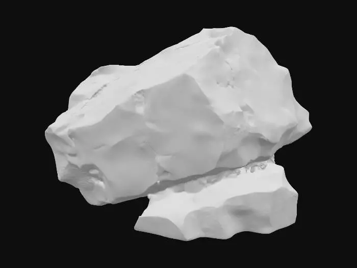 3D model for A large, blocky talus rock, measuring 1.0x0.7x0.5 meters, characterized by its substantial, irregular form. Its surfaces are defined by prominent fracture planes that intersect, creating a rugged and angular appearance. The corners are distinctly weathered and rounded by erosion, softening their sharp edges. Composed of robust sandstone, it exhibits a granular, rough texture and a palette of warm, earthy ochre and reddish-brown tones, conveying a sense of age and natural geological formation.