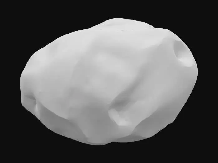 3D model for A substantial, rounded sandstone boulder measures approximately 1.5 x 1.2 x 1.0 meters, presenting a softened, organic form with no sharp edges. Its smoothed surfaces exhibit a fine, gritty texture characteristic of sandstone, which feels firm and cool to the touch. The coloration is primarily a warm, earthy ochre, interwoven with subtle bands of lighter cream and deeper reddish-brown that indicate delicate cross-bedding patterns across its face.