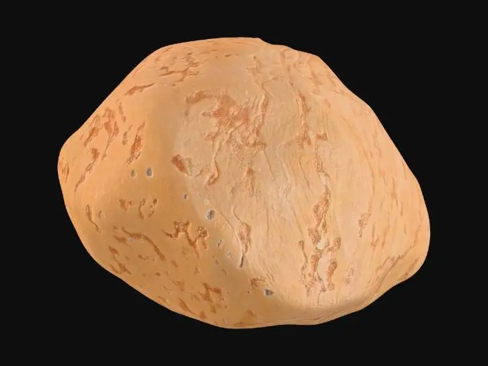 3D model for A substantial, rounded sandstone boulder measures approximately 1.5 x 1.2 x 1.0 meters, presenting a softened, organic form with no sharp edges. Its smoothed surfaces exhibit a fine, gritty texture characteristic of sandstone, which feels firm and cool to the touch. The coloration is primarily a warm, earthy ochre, interwoven with subtle bands of lighter cream and deeper reddish-brown that indicate delicate cross-bedding patterns across its face.