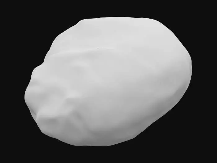 3D model for A substantial, rounded sandstone boulder measures approximately 1.5 x 1.2 x 1.0 meters, presenting a softened, organic form with no sharp edges. Its smoothed surfaces exhibit a fine, gritty texture characteristic of sandstone, which feels firm and cool to the touch. The coloration is primarily a warm, earthy ochre, interwoven with subtle bands of lighter cream and deeper reddish-brown that indicate delicate cross-bedding patterns across its face.