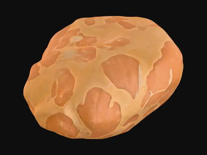 3D model for A substantial, rounded sandstone boulder measures approximately 1.5 x 1.2 x 1.0 meters, presenting a softened, organic form with no sharp edges. Its smoothed surfaces exhibit a fine, gritty texture characteristic of sandstone, which feels firm and cool to the touch. The coloration is primarily a warm, earthy ochre, interwoven with subtle bands of lighter cream and deeper reddish-brown that indicate delicate cross-bedding patterns across its face.