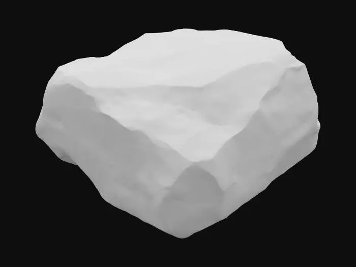 3D model for An oblong sandstone boulder, measuring approximately 2.0 x 1.6 x 1.3 meters, possesses a rugged, elongated form. One prominent corner is sharply broken, revealing a freshly fractured surface that contrasts with the generally weathered exterior. This break clearly exposes distinct, variegated sediment layers within the stone, showing bands of light ochre, sandy brown, and muted reddish-brown. The intact surfaces have a coarse, gritty texture, typical of natural sandstone, feeling solid and rough to the touch.