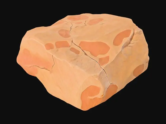 3D model for An oblong sandstone boulder, measuring approximately 2.0 x 1.6 x 1.3 meters, possesses a rugged, elongated form. One prominent corner is sharply broken, revealing a freshly fractured surface that contrasts with the generally weathered exterior. This break clearly exposes distinct, variegated sediment layers within the stone, showing bands of light ochre, sandy brown, and muted reddish-brown. The intact surfaces have a coarse, gritty texture, typical of natural sandstone, feeling solid and rough to the touch.