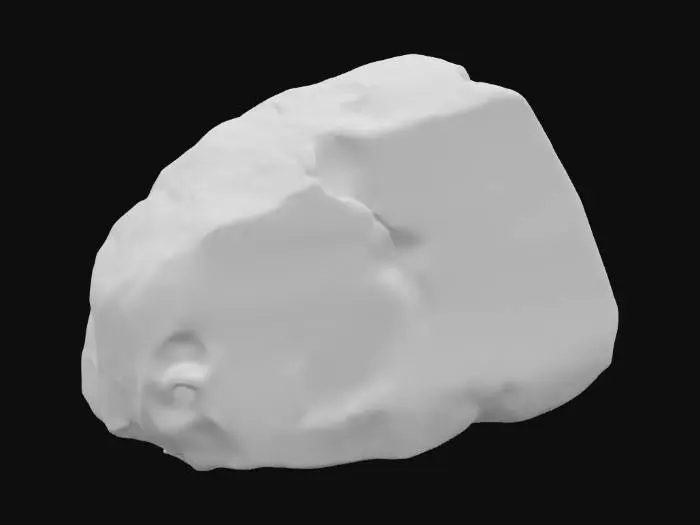 3D model for An oblong sandstone boulder, measuring approximately 2.0 x 1.6 x 1.3 meters, possesses a rugged, elongated form. One prominent corner is sharply broken, revealing a freshly fractured surface that contrasts with the generally weathered exterior. This break clearly exposes distinct, variegated sediment layers within the stone, showing bands of light ochre, sandy brown, and muted reddish-brown. The intact surfaces have a coarse, gritty texture, typical of natural sandstone, feeling solid and rough to the touch.