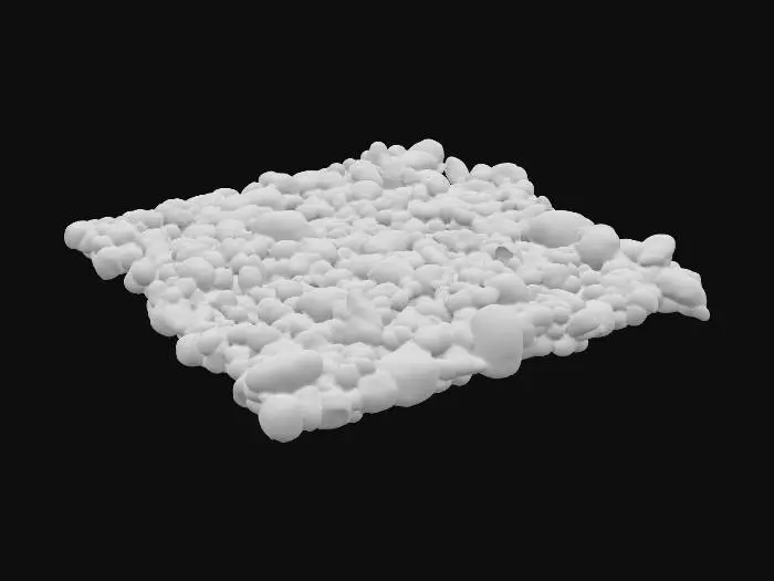 3D model for A low-profile pebble strip mesh, measuring 4x1x0.05 meters, is densely packed with numerous rounded pebbles, each ranging from 2 to 6 centimeters in diameter. The pebbles vary in natural colors from muted grays and sandy browns to hints of ochre and deeper terracotta, exhibiting smooth, water-worn textures. This continuous strip forms a uniform, flat surface, designed to interlock seamlessly with other sections for a repeating border. The overall structure feels firm and compact beneath the touch.