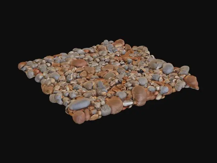 3D model for A low-profile pebble strip mesh, measuring 4x1x0.05 meters, is densely packed with numerous rounded pebbles, each ranging from 2 to 6 centimeters in diameter. The pebbles vary in natural colors from muted grays and sandy browns to hints of ochre and deeper terracotta, exhibiting smooth, water-worn textures. This continuous strip forms a uniform, flat surface, designed to interlock seamlessly with other sections for a repeating border. The overall structure feels firm and compact beneath the touch.
