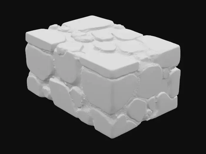 3D model for A carved-sandstone wall module, measuring 1x2x0.3 meters (WxHxT), presents a robust, rectangular block with a handcrafted aesthetic. Its surfaces are adorned with distinct, chiseled edges and visible tool marks, creating a rugged, textured appearance. The sandstone itself is a warm, earthy ochre, with variations in tone due to the carving. A fine layer of light, pale dust settles subtly on its upper surface, adding a delicate, gritty tactile quality to its otherwise coarse and solid form.