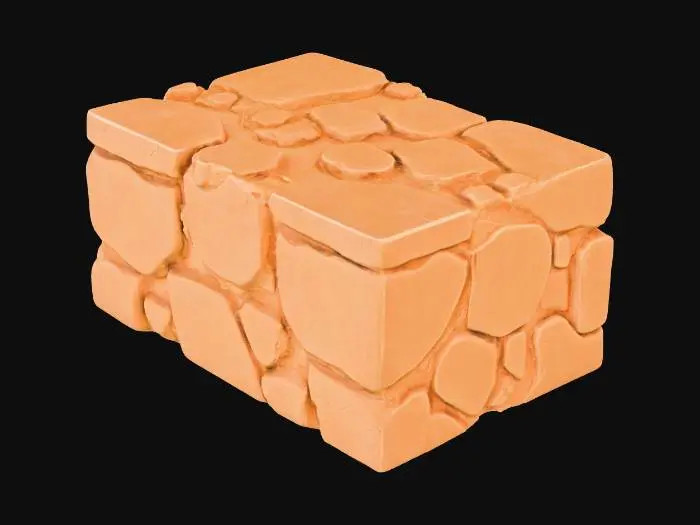 3D model for A carved-sandstone wall module, measuring 1x2x0.3 meters (WxHxT), presents a robust, rectangular block with a handcrafted aesthetic. Its surfaces are adorned with distinct, chiseled edges and visible tool marks, creating a rugged, textured appearance. The sandstone itself is a warm, earthy ochre, with variations in tone due to the carving. A fine layer of light, pale dust settles subtly on its upper surface, adding a delicate, gritty tactile quality to its otherwise coarse and solid form.