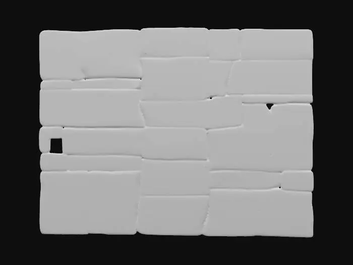 3D model for A carved-sandstone wall panel, measuring 2x2x0.3 meters, forms a substantial square segment with a robust and blocky structure. Its surfaces display a consistent, finely carved texture, characteristic of artisan masonry. The sandstone is a warm, sandy beige, subtly varied with lighter and darker ochre tones. The joint lines between imagined blocks are lightly eroded, creating slight depressions and softening their appearance. The entire panel feels solid and has a gritty, yet refined, tactile quality.