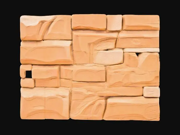 3D model for A carved-sandstone wall panel, measuring 2x2x0.3 meters, forms a substantial square segment with a robust and blocky structure. Its surfaces display a consistent, finely carved texture, characteristic of artisan masonry. The sandstone is a warm, sandy beige, subtly varied with lighter and darker ochre tones. The joint lines between imagined blocks are lightly eroded, creating slight depressions and softening their appearance. The entire panel feels solid and has a gritty, yet refined, tactile quality.