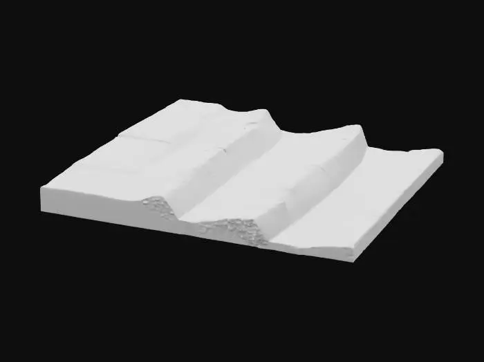 3D model for A sandstone stair flight, approximately 2x3x1 meters, features ten sturdy steps, each with a 0.17-meter rise and a 0.28-meter tread. The warm, sandy ochre of the stone is consistent throughout, displaying a coarse, gritty texture. Many step nosings are noticeably chipped and uneven, creating a weathered and aged appearance. This solid, robust structure feels firm and provides a varied tactile experience due to the smooth treads and rough, broken edges.
