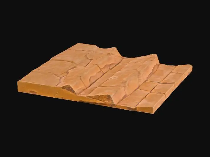 3D model for A sandstone stair flight, approximately 2x3x1 meters, features ten sturdy steps, each with a 0.17-meter rise and a 0.28-meter tread. The warm, sandy ochre of the stone is consistent throughout, displaying a coarse, gritty texture. Many step nosings are noticeably chipped and uneven, creating a weathered and aged appearance. This solid, robust structure feels firm and provides a varied tactile experience due to the smooth treads and rough, broken edges.