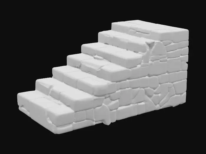 3D model for A sandstone stair flight, approximately 2x3x1 meters, features ten sturdy steps, each with a 0.17-meter rise and a 0.28-meter tread. The warm, sandy ochre of the stone is consistent throughout, displaying a coarse, gritty texture. Many step nosings are noticeably chipped and uneven, creating a weathered and aged appearance. This solid, robust structure feels firm and provides a varied tactile experience due to the smooth treads and rough, broken edges.