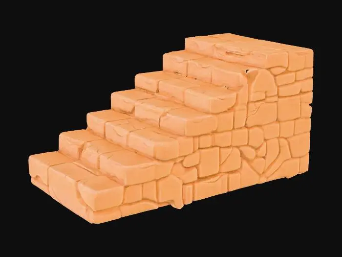 3D model for A sandstone stair flight, approximately 2x3x1 meters, features ten sturdy steps, each with a 0.17-meter rise and a 0.28-meter tread. The warm, sandy ochre of the stone is consistent throughout, displaying a coarse, gritty texture. Many step nosings are noticeably chipped and uneven, creating a weathered and aged appearance. This solid, robust structure feels firm and provides a varied tactile experience due to the smooth treads and rough, broken edges.