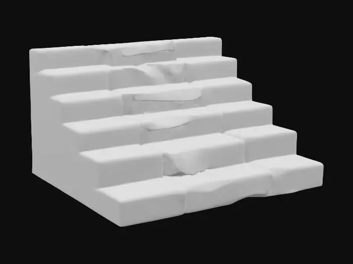 3D model for A sandstone stair flight, approximately 2x3x1 meters, features ten sturdy steps, each with a 0.17-meter rise and a 0.28-meter tread. The warm, sandy ochre of the stone is consistent throughout, displaying a coarse, gritty texture. Many step nosings are noticeably chipped and uneven, creating a weathered and aged appearance. This solid, robust structure feels firm and provides a varied tactile experience due to the smooth treads and rough, broken edges.
