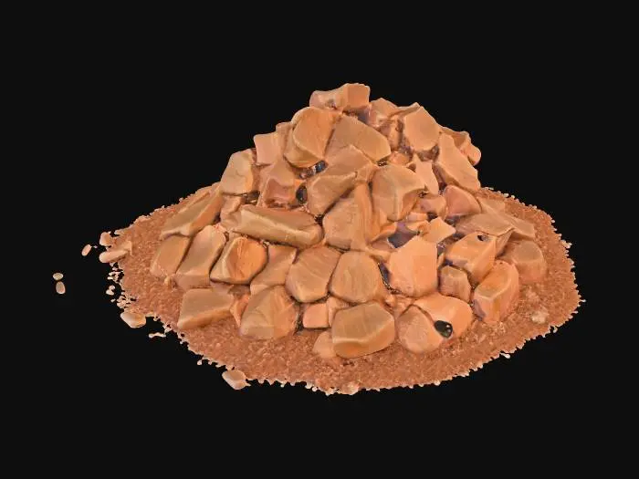 3D model for A massive rubble heap, measuring 3x3x1 meters, is composed of countless broken sandstone blocks of varying sizes and fine granular debris. The blocks are irregularly shaped, with sharp, jagged edges, and are tightly interlocked, forming a cohesive, yet chaotic, mound. The sandstone exhibits a range of natural desert hues, from light ochre to deeper reddish-browns. Its texture is predominantly rough and abrasive, with some finer, powdery sections, feeling heavy and fragmented.