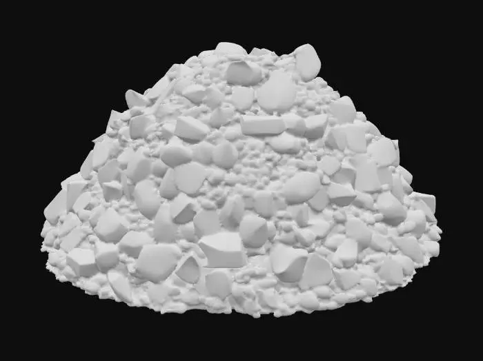 3D model for A massive rubble heap, measuring 3x3x1 meters, is composed of countless broken sandstone blocks of varying sizes and fine granular debris. The blocks are irregularly shaped, with sharp, jagged edges, and are tightly interlocked, forming a cohesive, yet chaotic, mound. The sandstone exhibits a range of natural desert hues, from light ochre to deeper reddish-browns. Its texture is predominantly rough and abrasive, with some finer, powdery sections, feeling heavy and fragmented.