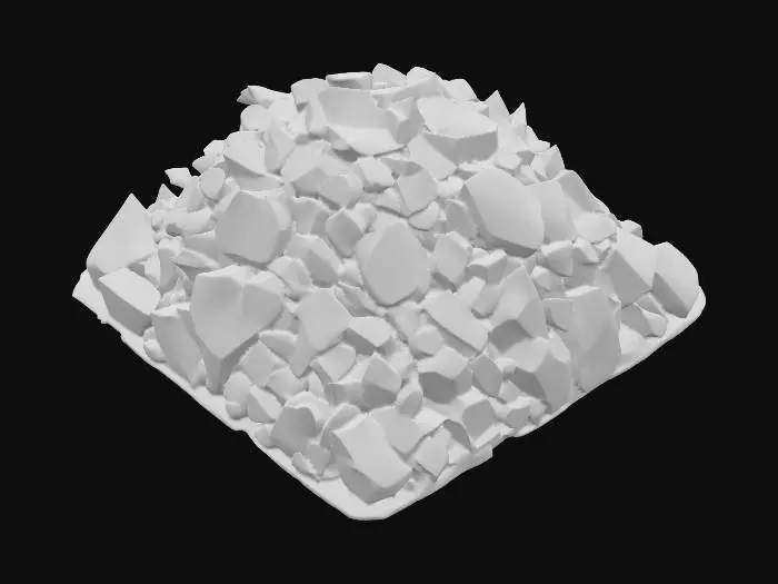 3D model for A massive rubble heap, measuring 3x3x1 meters, is composed of countless broken sandstone blocks of varying sizes and fine granular debris. The blocks are irregularly shaped, with sharp, jagged edges, and are tightly interlocked, forming a cohesive, yet chaotic, mound. The sandstone exhibits a range of natural desert hues, from light ochre to deeper reddish-browns. Its texture is predominantly rough and abrasive, with some finer, powdery sections, feeling heavy and fragmented.