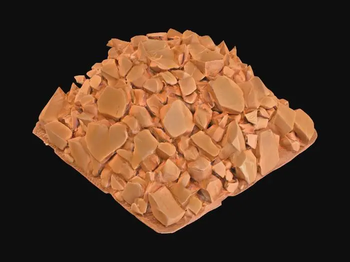 3D model for A massive rubble heap, measuring 3x3x1 meters, is composed of countless broken sandstone blocks of varying sizes and fine granular debris. The blocks are irregularly shaped, with sharp, jagged edges, and are tightly interlocked, forming a cohesive, yet chaotic, mound. The sandstone exhibits a range of natural desert hues, from light ochre to deeper reddish-browns. Its texture is predominantly rough and abrasive, with some finer, powdery sections, feeling heavy and fragmented.