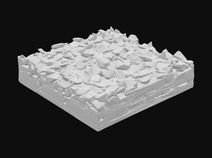 3D model for A massive rubble heap, measuring 3x3x1 meters, is composed of countless broken sandstone blocks of varying sizes and fine granular debris. The blocks are irregularly shaped, with sharp, jagged edges, and are tightly interlocked, forming a cohesive, yet chaotic, mound. The sandstone exhibits a range of natural desert hues, from light ochre to deeper reddish-browns. Its texture is predominantly rough and abrasive, with some finer, powdery sections, feeling heavy and fragmented.