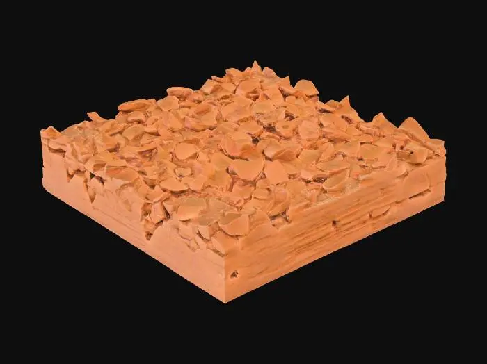 3D model for A massive rubble heap, measuring 3x3x1 meters, is composed of countless broken sandstone blocks of varying sizes and fine granular debris. The blocks are irregularly shaped, with sharp, jagged edges, and are tightly interlocked, forming a cohesive, yet chaotic, mound. The sandstone exhibits a range of natural desert hues, from light ochre to deeper reddish-browns. Its texture is predominantly rough and abrasive, with some finer, powdery sections, feeling heavy and fragmented.